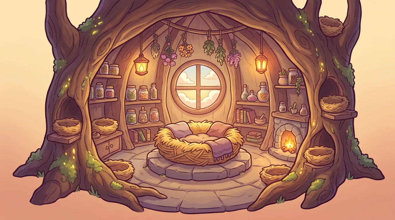 The hatchery: a warm room inside a hollow tree, with a woven nest at its heart